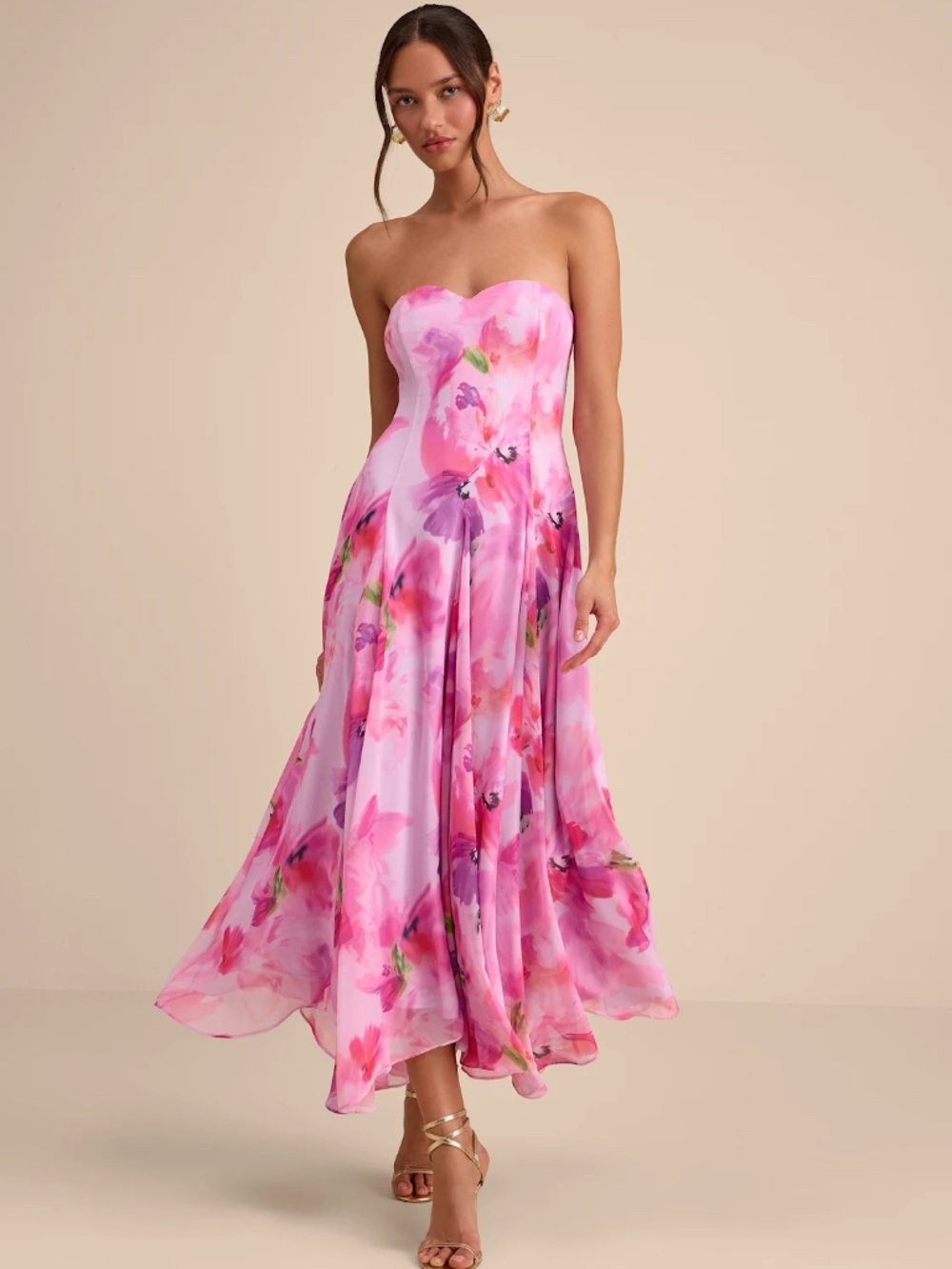 Madoria Pink Multi Floral Strapless Midi Dress